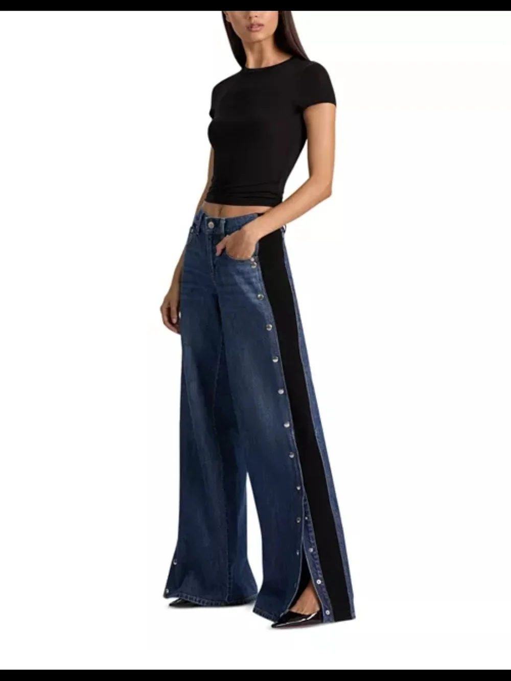 Alice + Olivia Two-Tone Wide Leg Snap-Trim Jeans in Denim Blue and Black Size 26 - Picture 4 of 13